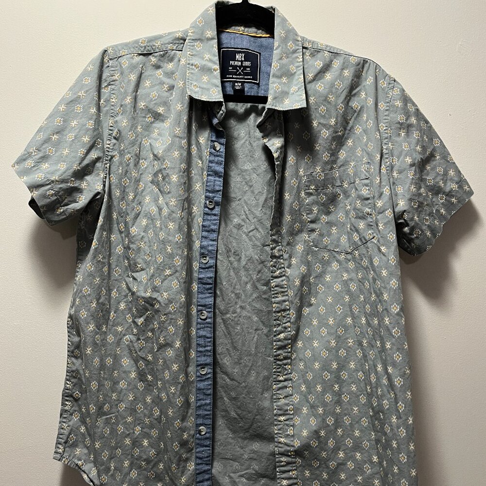 MBX Premium Goods Short Sleeve Button Down Blue Patterned Shirt MEDIUM Retro 70s